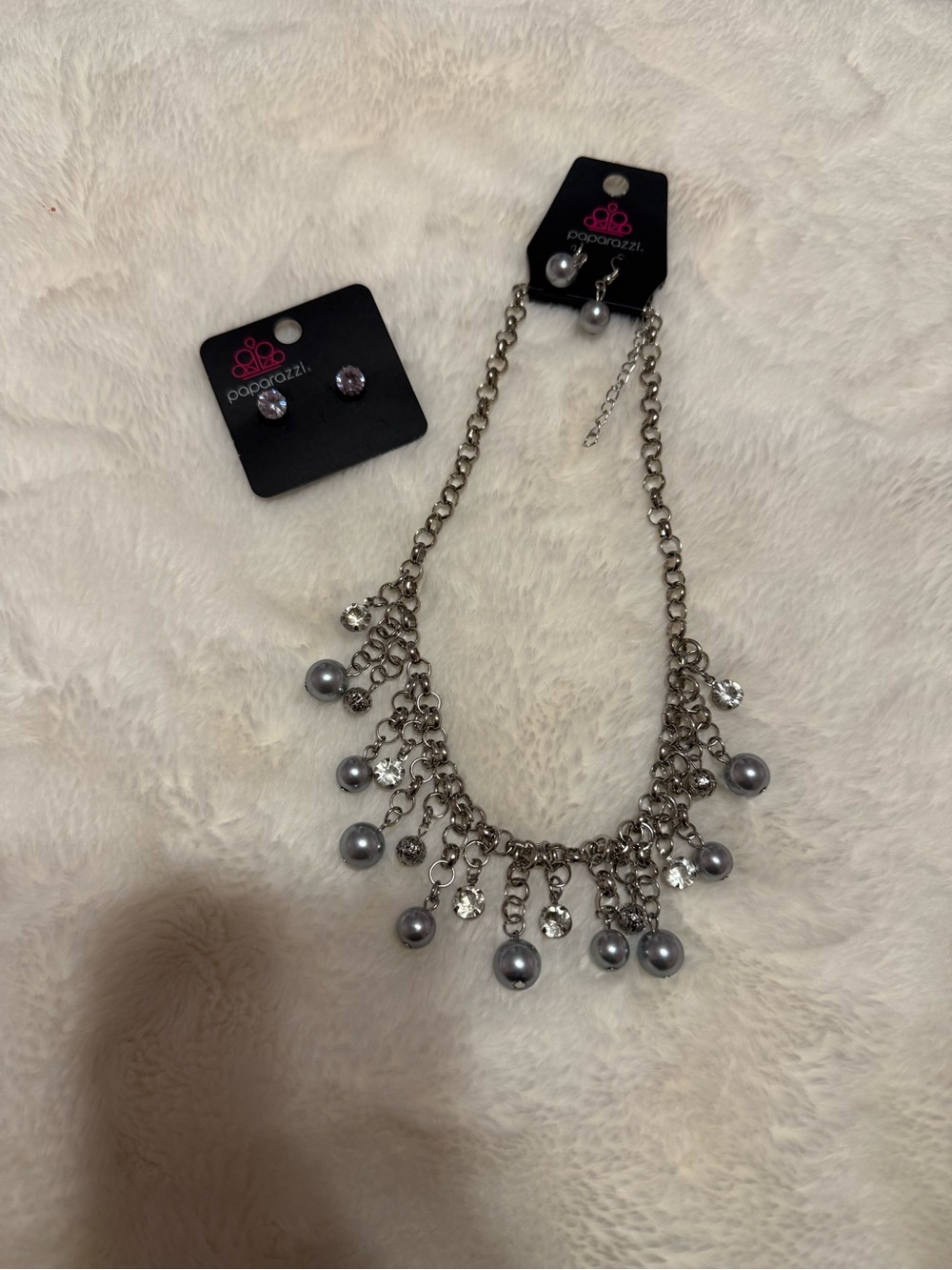 NWT Paparazzi Silver Pearl & Crystal Dangle Bib Necklace with Studs